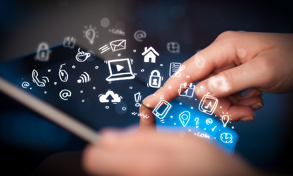 Hand touching tablet pc, social media concept