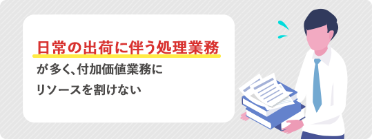 日常の出荷に伴う処理業務が多く、付加価値業務にリソースを割けない