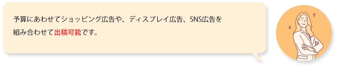 予算にあわせてショッピング広告や、ディスプレイ広告、SNS広告を組み合わせて出稿可能です。