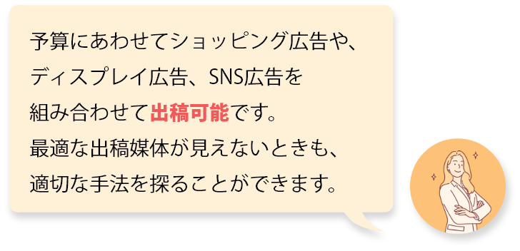 予算にあわせてショッピング広告や、ディスプレイ広告、SNS広告を組み合わせて出稿可能です。